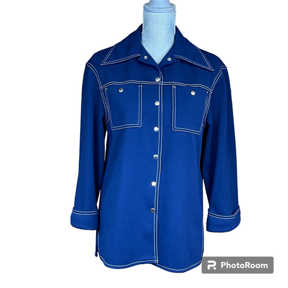 Vintage Jack Winter Silver Snap Shirt Navy Blue Doubleknit 70s Western size M/L